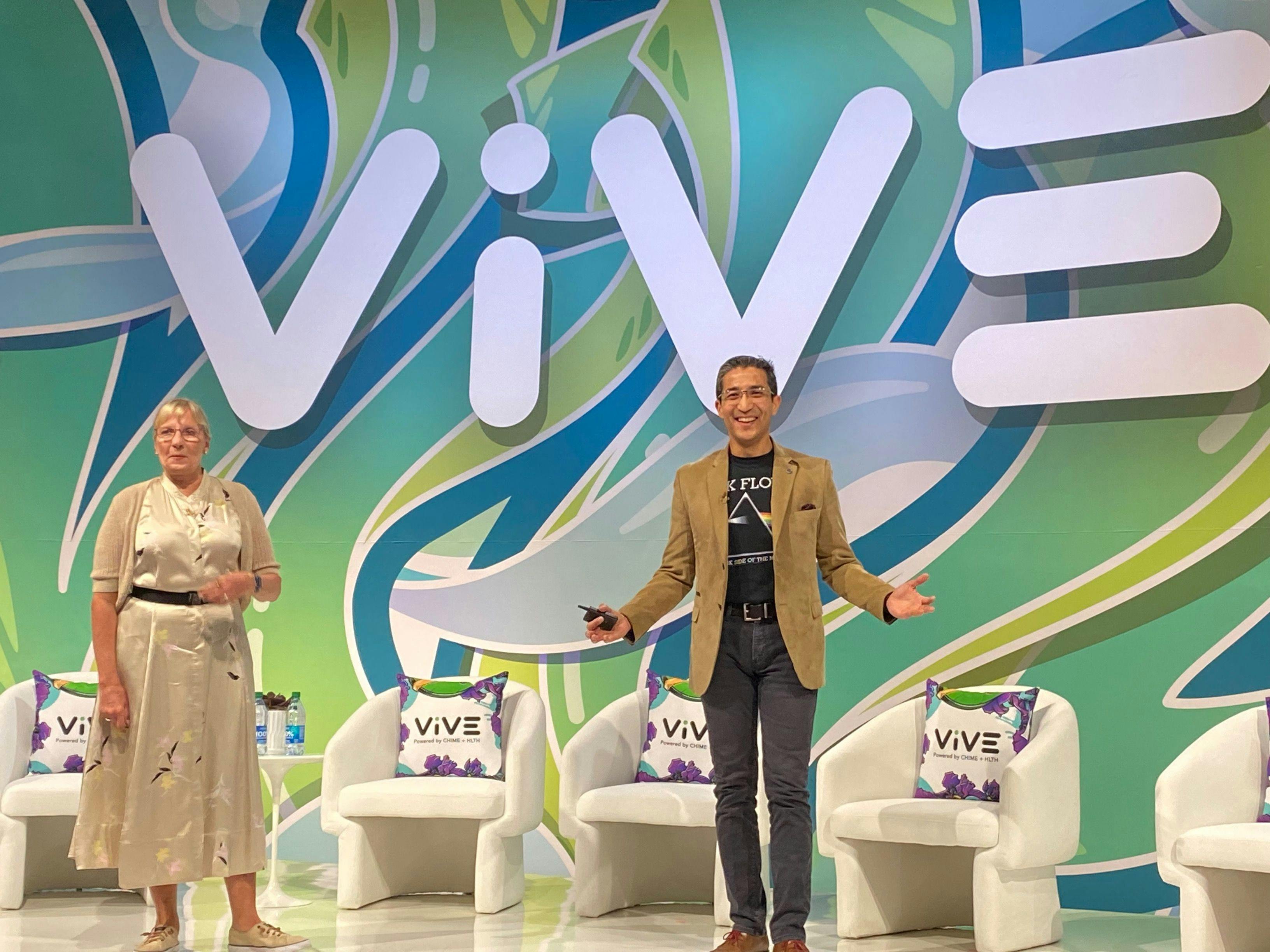 Deborah Di Sanzo, president of Best Buy Health, and Rasu Shrestha, chief innovation and commercialization officer for Advocate Health, speak at the ViVE Conference in Nashville.