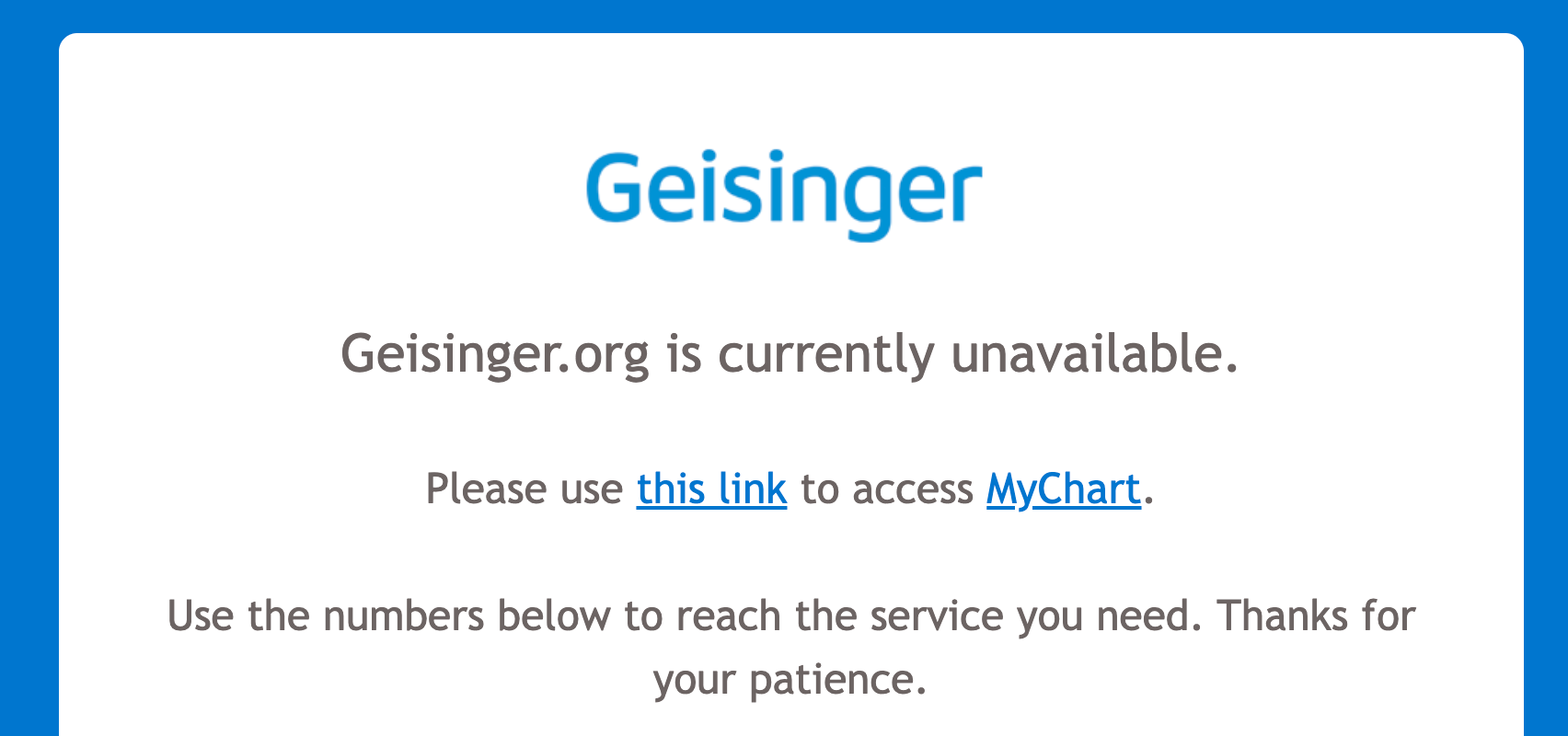 Screenshot of Geisinger.org as of 10 am EDT on July 19, 2024, showing the website is down.